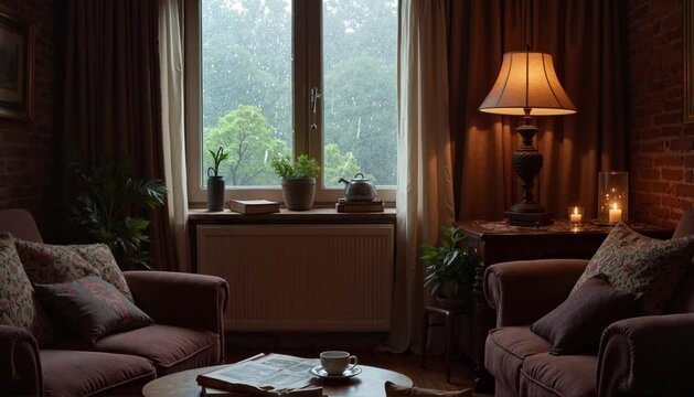 Cozy living room with warm light and rain outside the window