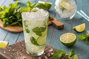 Klassischer Mojito-Cocktail mit Limette und Minze auf rustikalem Holzbrett