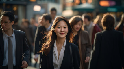 Asian Business Woman smiling with confidence in a busy crowd