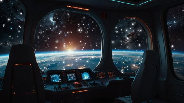 Futuristic spaceship cockpit with Earth view and cosmic scenery