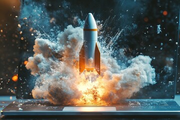 Fototapeta premium Technology and innovation meets exploration as a rocket launches from a laptop screen. AI generated image