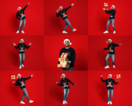 A joyful black guy wearing a Santa hat and festive sweater poses against a vibrant red background. He displays various playful expressions while holding wrapped gifts during the holiday season.