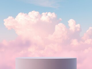 Pink cloud filled sky with a pink podium, dreamy background for presentations or fantasy themes, fantasy, pink