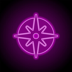 Compass simple icon vector. Flat design. Purple neon on black background
