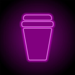 Coffee cup simple vector, icon. Flat design. Purple neon on black background