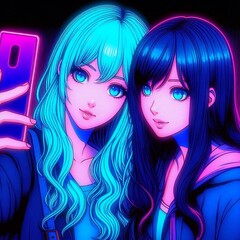 Naklejka premium Japanese anime. Two girls friends taking a selfie with a cell phone in neon lights