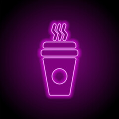 Coffee cup simple icon vector. Flat design. Purple neon on black background