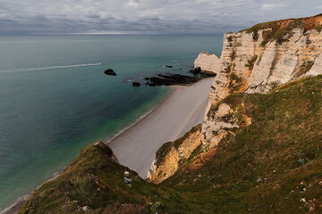 Porte d'Amont, natural arch on the white chalk cliff to the NE of the town, seen from the Chemin des Douaniers Walk atop the cliff. Etretat-France-008