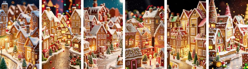 Naklejka premium Set of vertical backgrounds with fairytale Christmas city view made of gingerbread houses