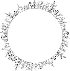 A frame with minimalism flowers, with an empty space for text. Vector graphics frame is round with floral ornament.