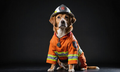 A dog wearing a firefighter uniform sits in front of a black background