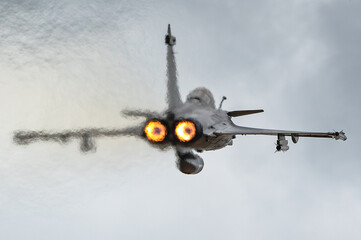 The afterburner of a Dassault Rafale M multirole fighter aircraft.