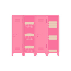 Metal pink locker for modern interior design. Wardrobe for locker rooms, gym, storage cells. Vector illustration