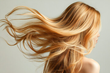 Fototapeta premium blonde beautiful hair of a young girl on a light background, back view of hair 