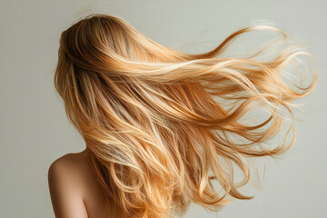 Naklejka premium blonde beautiful hair of a young girl on a light background, back view of hair 
