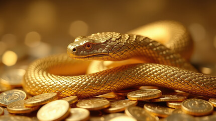 Fototapeta premium Golden Snake Surrounded by Wealth - Luxury, Prosperity, and Abundance Symbolized by a Fierce Serpent and Gold Coins