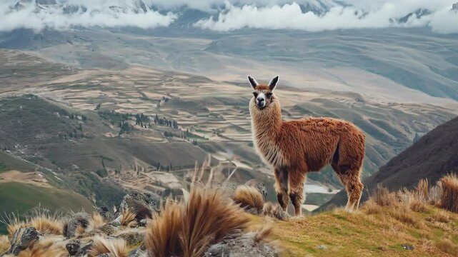Majestic llama in peruvian highlands: capturing the andean landscape and wildlife serenity AI