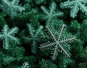 Holiday Merry Christmas, Happy New Year. Green background green Christmas snowflakes close up