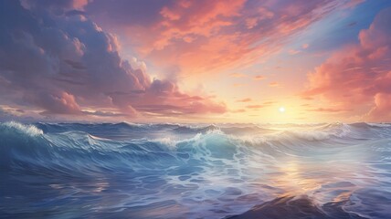 Fototapeta premium Radiant Sunset Over Ocean Waves AI Generated image