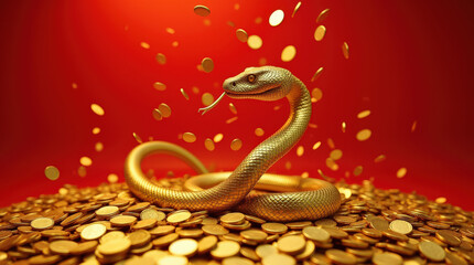 Fototapeta premium Golden Snake Surrounded by Wealth - Luxury, Prosperity, and Abundance Symbolized by a Fierce Serpent and Gold Coins