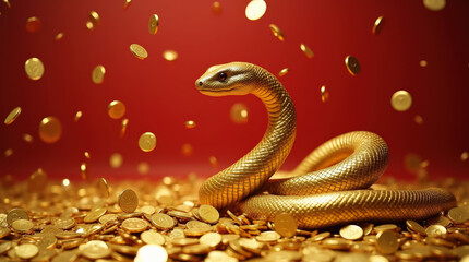 Obraz premium Golden Snake Surrounded by Wealth - Luxury, Prosperity, and Abundance Symbolized by a Fierce Serpent and Gold Coins