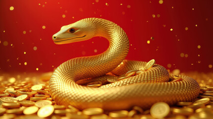 Fototapeta premium Golden Snake Surrounded by Wealth - Luxury, Prosperity, and Abundance Symbolized by a Fierce Serpent and Gold Coins