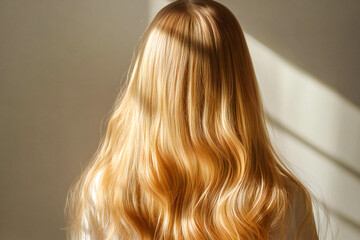 Naklejka premium blonde beautiful hair of a young girl on a light background, back view of hair 