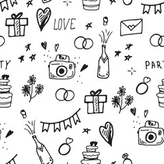 Seamless pattern with wedding-themed elements, including rings, cake, champagne, gifts, flowers and hearts. Wedding background with doodles line art.