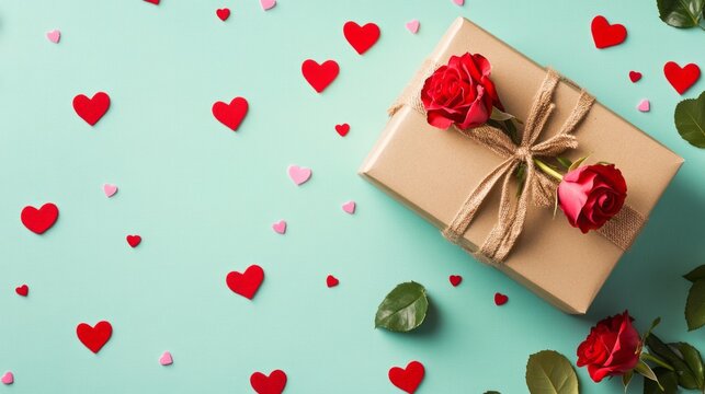 Valentine day or mother day festive composition with gift or present box, rose flowers and red pink hearts on pastel background top view 