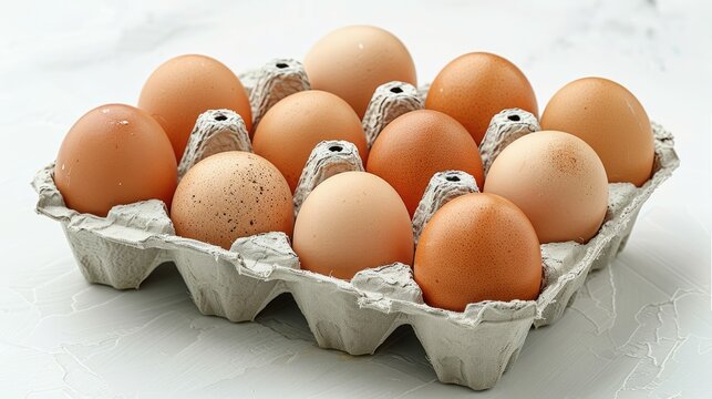 A dozen brown chicken eggs in a cardboard carton.