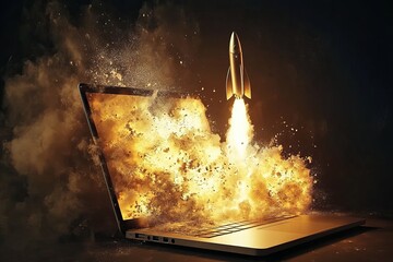 A rocket launching from a laptop screen, symbolizing technology and innovation Background. AI generated image