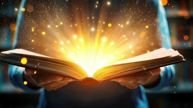 Glowing magical book illuminating surroundings with golden sparks