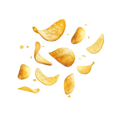 Flying potato chips, crispy potato chips isolated on transparent background.