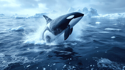 Fototapeta premium Playful Orca Breaching in Icy Ocean Waters
