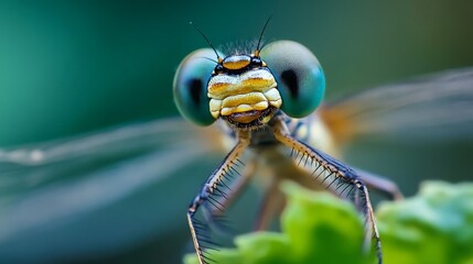 Detailed macro portrait of dragonfly with green eyes on a blurred background