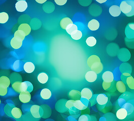 Fototapeta premium Green bokeh background with blue bokeh effect defocused lights on dark background.generative ai