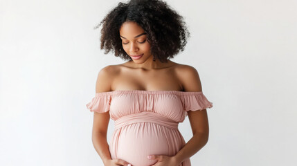 Studio portrait of a woman in a pastel pink dress embracing pregnancy