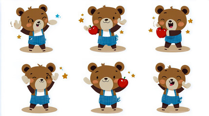 A set of cute emoji-style illustrations featuring a brown cuddly bear character in various playful poses.
