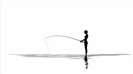 A simple black silhouette of a person fishing on white background.