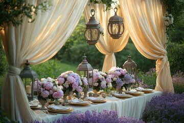 garden wedding decor, beautiful garden wedding tables adorned with lilac and cream decor, vintage lanterns, and delicate porcelain plates, surrounded by blooming peonies and roses