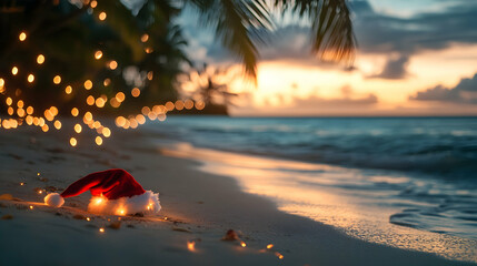 Santa hat on sandy beach with glowing palm tree lights, blurred ocean at dusk