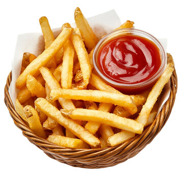 recommend clip art: French fries in basket with ketchup isolated on transparent background.