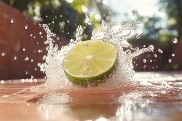 outdoor beverage photography, a lime wedge frozen mid-splash, surrounded by gracefully arcing water in a sunny outdoor setting