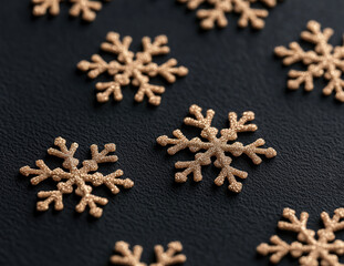 Holiday Merry Christmas, Happy New Year. Dark black background golden Christmas snowflakes close up
