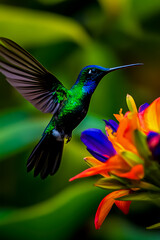 Fototapeta premium A vibrant close-up of a hummingbird in mid-flight, gracefully hovering as it pollinates a bright flower.