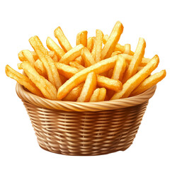 French fries in basket with ketchup isolated on transparent background.