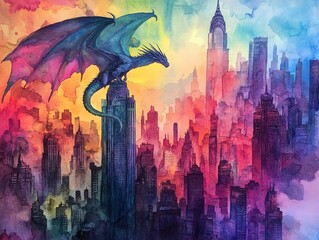 Obraz premium Watercolor painting featuring a dragon perched atop a skyscraper, overlooking a dreamlike city engulfed in a mystical twilight, casting shadows with a rainbow aura