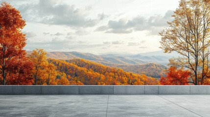 Obraz premium Autumn scenic view of vibrant red and orange forest from a modern concrete balcony, outdoor perspective