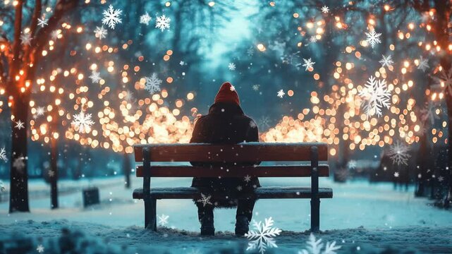 Lonely person sitting on snowy bench watching falling snow under christmas lights 4k video