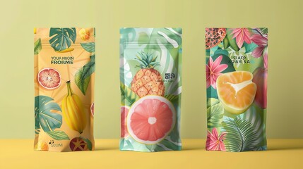 Package Design Set for Various Tropical Fruit Themed Snacks, Generative AI.